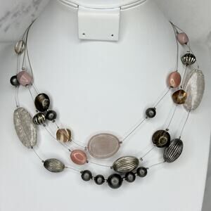 Chico's Beaded Triple Strand Wire Silver Tone Mixed Bead Statement Necklace ✨